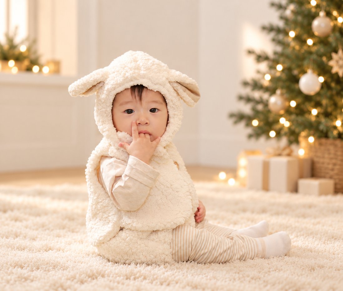 クリスマスツリーの前で、ひつじの着ぐるみセットを着た赤ちゃん