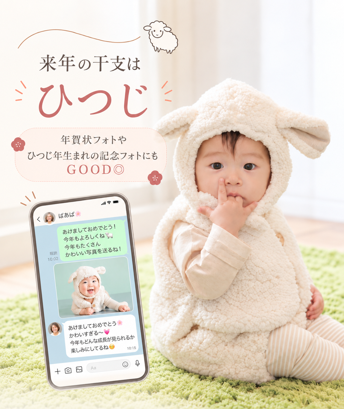 ひつじの着ぐるみで撮った年賀状フォトの例