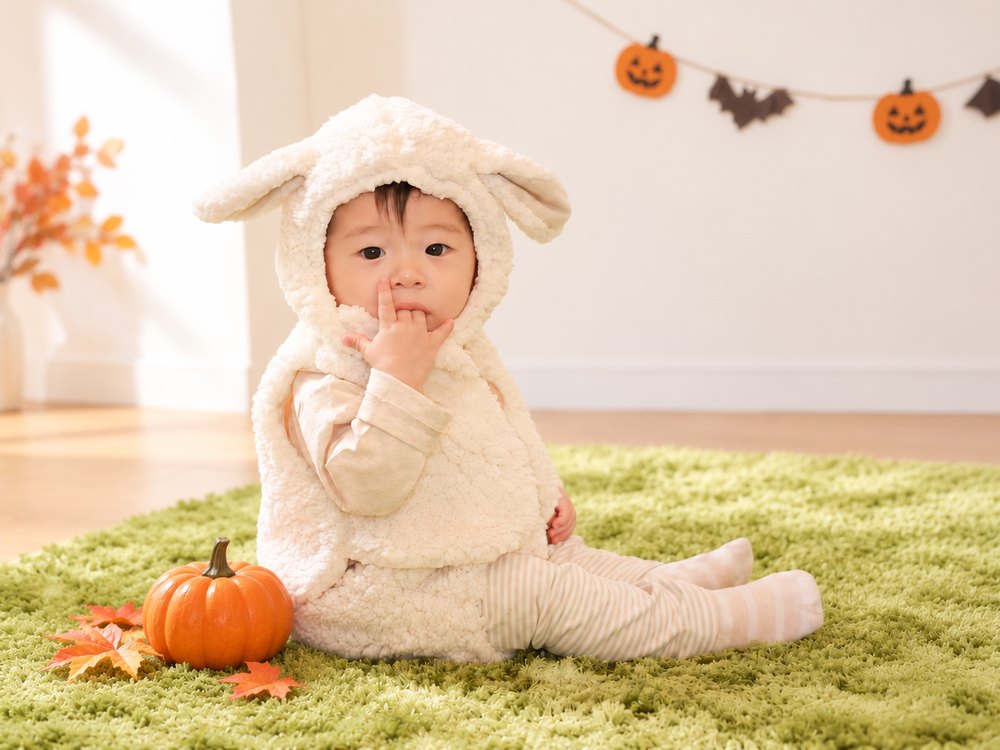 ハロウィンの飾りの中で、ひつじの着ぐるみセットを着た赤ちゃん