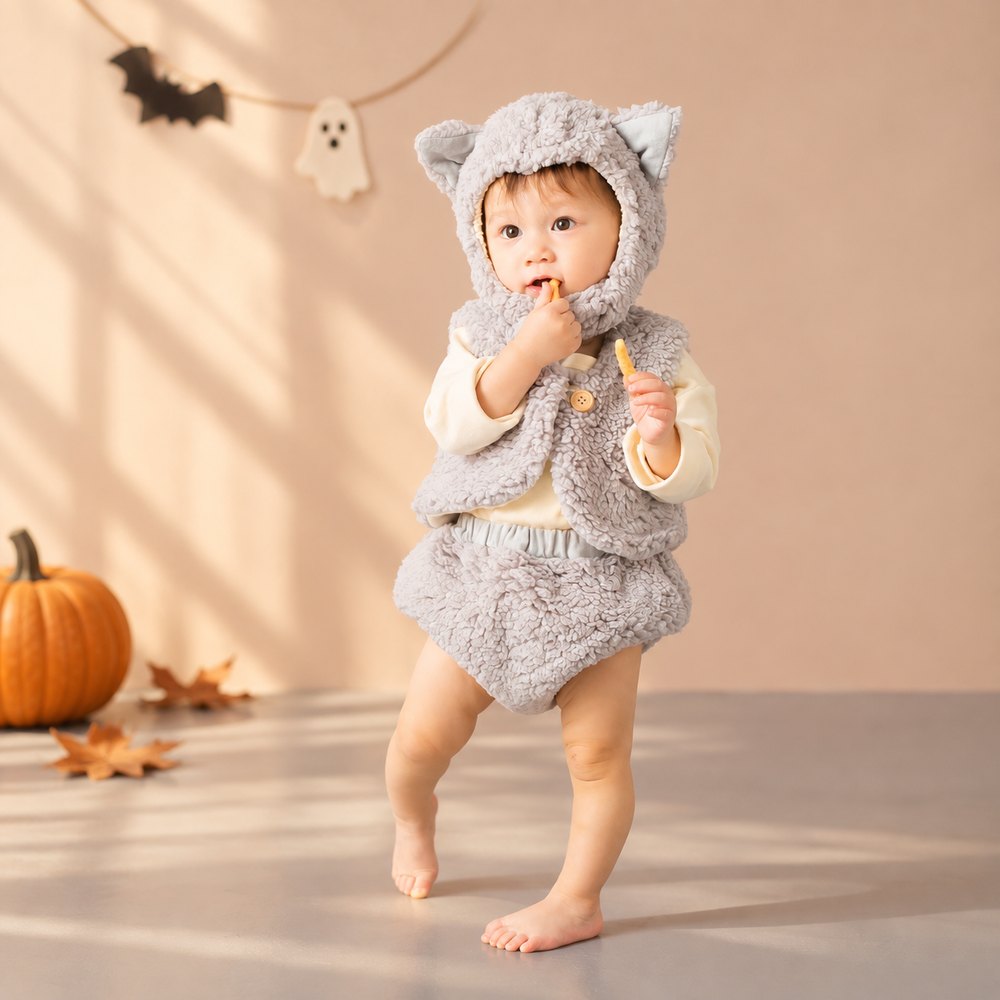 ハロウィンの飾りの前で、ねこの着ぐるみセットを着た赤ちゃん
