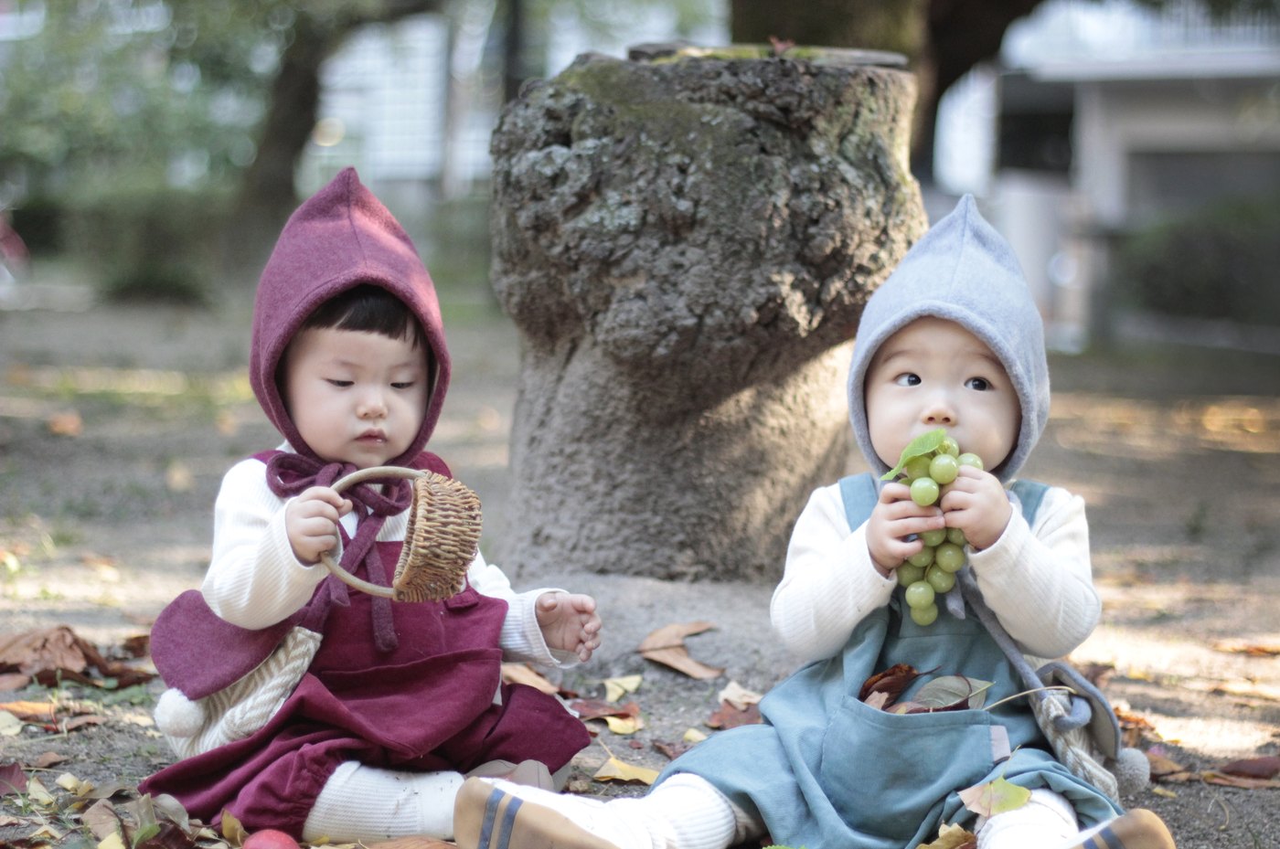 こびと帽子＆ロンパースを着て、公園でならんで座る子どもたち