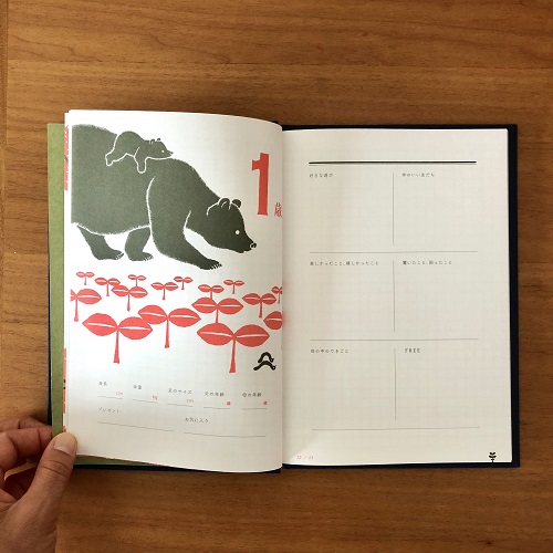 成長記録を残せるメモリアルブックを開いた様子 ― 写真とコメントを書き込める育児日記