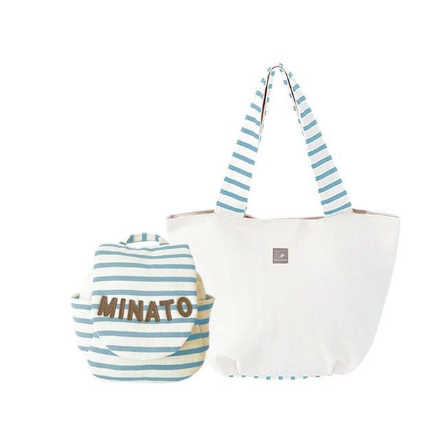 スモーキーブルーストライプの名入れベビーリュック＆ママトート – 爽快感ある色味で男の子への出産祝いに最適