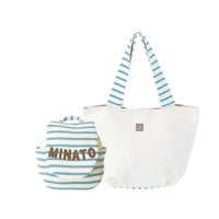 スモーキーブルーストライプの名入れベビーリュック＆ママトート – 爽快感ある色味で男の子への出産祝いに最適