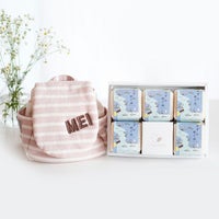 名入れ可能なボーダー柄ベビーリュックと、一升米の小分けギフトセット（5個入り）